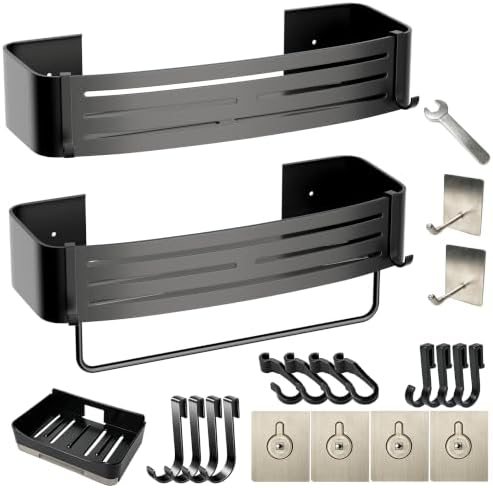 Black Adhesive Square Shower Caddy with Towel Bar, Soap Holder and Hooks by PHXGrove