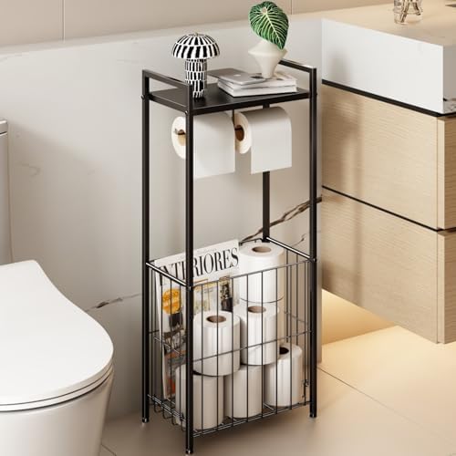 VOLDRA Toilet Paper Holder Stand with Storage Shelf, Free Standing Toilet Paper Roll Holder with Large Basket Heavy Duty Floor Double Tissue Dispenser for Bathroom Freestanding Tp Holder (Matte Black) by VOLDRA