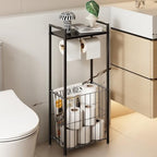 VOLDRA Toilet Paper Holder Stand with Storage Shelf, Free Standing Toilet Paper Roll Holder with Large Basket Heavy Duty Floor Double Tissue Dispenser for Bathroom Freestanding Tp Holder (Matte Black) by VOLDRA