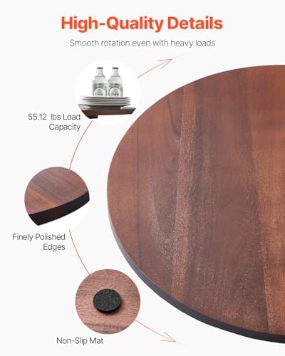 VEVOR 24 in Wood Lazy Susan Turntable, 360° Rotation Round Clear Tabletop Rotating Tray, Acacia Wood Dining Table Centerpiece, Smooth and Silent Spin, for Family Gatherings, Banquets and Weddings - Image 3