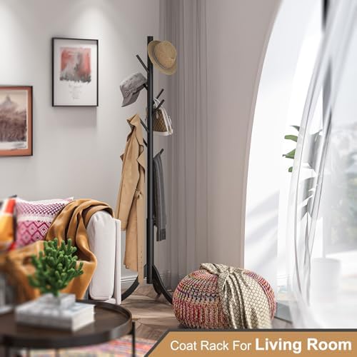 Coat Rack Freestanding, Coat Stands Entryway, Bamboo Coat Rack Hat Hanger 8 Hook for Jacket, Purse, Scarf Rack, Umbrella Tree Stand (Black) - Image 4