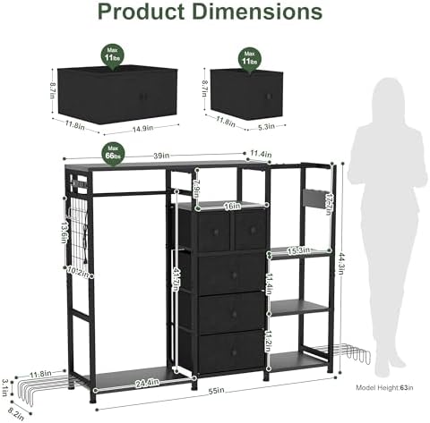 YOSHOOT 55" Dresser with Hanging Rack & Purse Organizer, Closet Dresser - Image 2