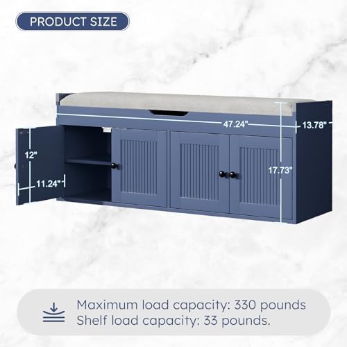47.2" Storage Bench - Entryway Shoe Bench with 4 Doors and Top Storage Area, Multifunctional Entryway Bench with Lift Top Cushion, Shoe Storage Bench for Bedroom, Living Room, Navy Blue - Image 2