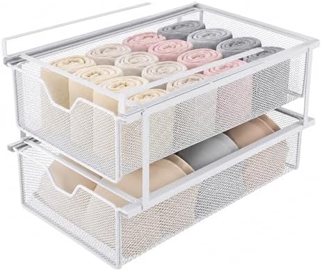 Double Layer White Closet Pull-Out Basket, Under Shelf Hanging Wire Mesh Drawer, Space-Saving Wardrobe Organizer for Socks, Underwear & Bras, 14.6 x 8.9 in by Unknown