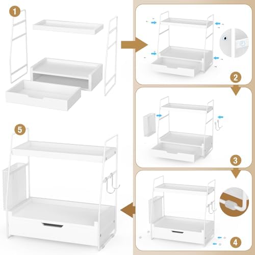 2-Tier Bathroom Counter Organizer with Drawer, Wood Counter Storage Shelf - Image 5