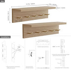 Marine Plywood Wall Mounted Coat Rack with Shelf & Key Hooks, 5 Brass Hooks Entryway Organizer, Modern Floating Shelf for Bedroom Hallway, Space-Saving Home Storage Rack (2, Oak Finish) - Image 5