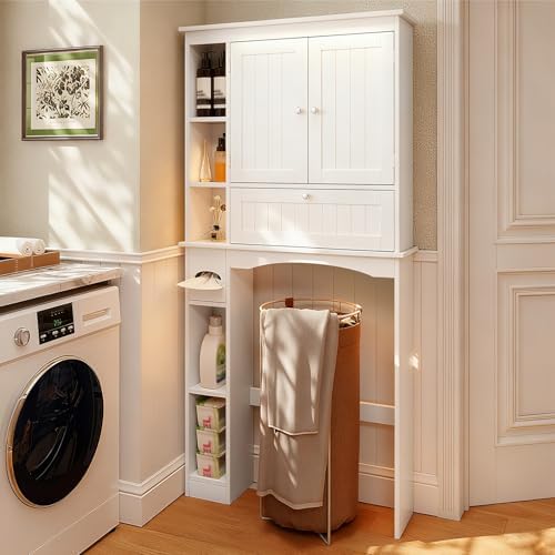 Giantex Over The Toilet Storage Cabinet, 31.5''W Freestanding Space Saver with Doors, Adjustable Shelf & Toilet Paper Holder, Over Toilet Bathroom Organizer for Laundry, Restroom, White - Image 3
