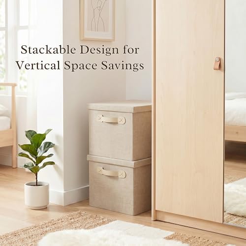 Fabric Storage Bins with Lids, Heavy Duty Collapsible Organizer Bins for Shelves, Stackable Closet Woven Baskets with Handles, 25L Rectangle Boxes for Bedroom Office, Cube Home Decor (Beige 2 Pack) - Image 4