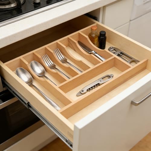 Silverware Drawer Organizer - Trim-to-Fit with Adjustable Dividers for Kitchen Utensil Storage, Beech Wood Frame with 11 Sizes (33" W x 22" D) - Image 2
