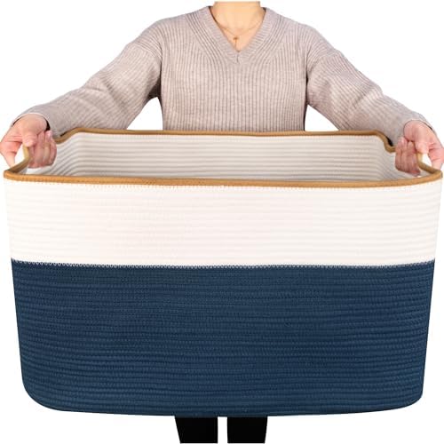 MINTWOOD Design 22in Extra Large Blanket Basket Holder Living Room, Rectangle Rope Woven Storage Basket with Handles for Laundry, Pool Towels, and Shoes, Dog Toy Organizer Bin Box, Prussian Blue by MINTWOODDesign