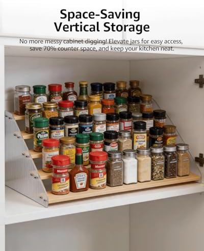 Tiered Spice Rack Organizer for Countertop & Cabinet, 5-Tier 19.9in Kitchen Seasoning Storage Shelf, Space Saving Standing Spice Organizer, Wooden & Acrylic, Solid Wood - Image 3