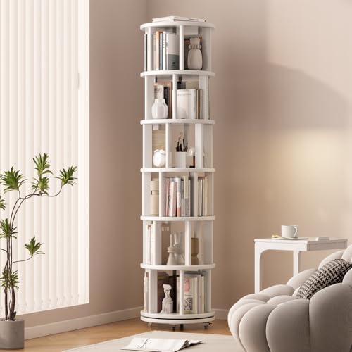 Muwuele 6 Tier Solid Wood Rotating Bookshelf Tower on Wheels, White by Muwuele