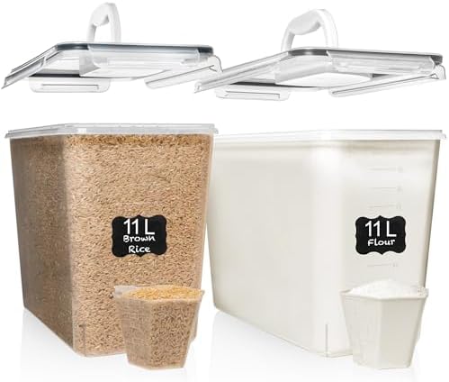 Shazo 2 PC (11L | 372 oz) Flour Sugar Storage Containers with Easy Carry Handle - Plastic Extra Large Food Storage Containers with Lids for Rice Cereal, BPA Free & Airtight Kitchen Pantry Organization by Shazo