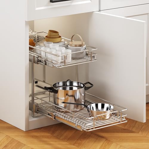 2 Tier Individual Pull Out Cabinet Organizer 13½" W x 18" D, Heavy Duty Cabinet Pull Out Shelves, Slide Out Drawers Organization for Kitchen Cabinets Bathroom - Image 5