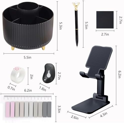 Office Supplies,Black Desk Accessories,Desk Organizer,Phone Stand,Scissors,Stapler,Tape Dispenser,Binder Clips,Staples,Staple Remover,Sticky Notes,Index Tabs,Clear Tape,Mini Box Cutter,Cool Pen.16pcs - Image 5