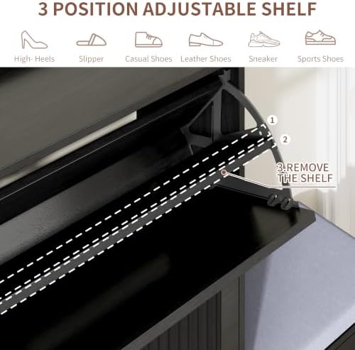Shoe Cabinet with Bench, 4‑Flip Drawer Fluted Shoe Storage Cabinet with Removable Adjustable Shelves, Side Hooks & Anti‑Tip Device, Freestanding Entryway Shoe Organizer for Hallway, Black - Image 6