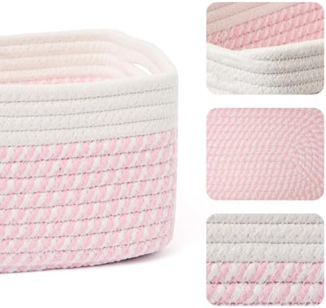 MiniArk Small Storage Baskets for Organizing | Closet Organizer Bins | Shelf Toy Basket | Woven Rope Baskets | Cube Decorative Box | Shallow Basket | 13x8.5x5.1” | 3 Packs White Pink - Image 2