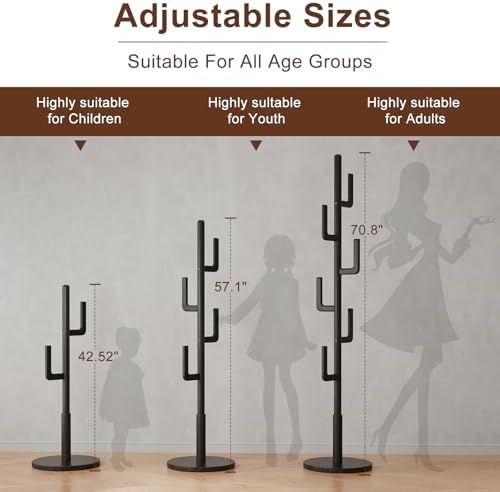Muwuele Solid Wood Cactus Coat Rack, Freestanding Coat Rack With 6 L-Shaped Hooks and 3 Adjustable Sizes, Coat Tree for Bedroom, Entryway, Livingroom, Coat Hanger Stand for Coats, Handbags (Black) - Image 3
