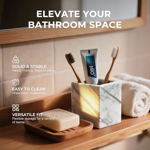 Natural Lilac Marble Toothbrush Holder 3.93Inch Solid Stone Makeup Brush Organizer, Luxurious Pen Holder, Square Utensil Storage Container for Bathroom, Office, Countertop Home Decor (WH097) - Image 3