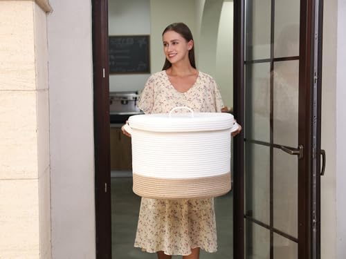 20x15 Inch Extra Large Round Cotton Rope Storage Basket with Lid, Decorative Woven Bin with Cover for Living Room Bedroom Closet, White & Jute - Image 3