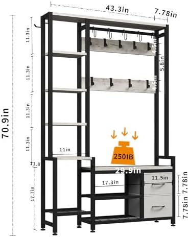 Hall Tree for Entryway 43", Bench with Shoe Storage, Large Coat Rack Shoe Bench with 5 Tier Shelves, 5 in 1 Design Front Door Shoe Rack and Wall Rack Hooks, and 2 Drawers (Rustic White) - Image 3
