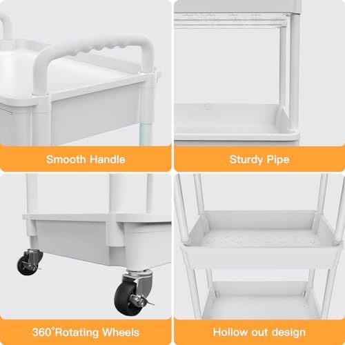 3 Tier Rolling Utility Cart with Drawer,REBECAT Utility Cart Made of Multifunctional Storage Organizer Tool for Kitchen,Bathroom,Living Room,Office(White) - Image 2