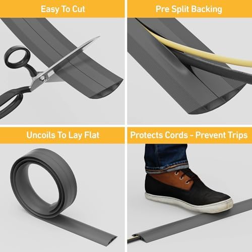 D-Line 30ft Floor Cord Cover, Floor Cable Protector, Extension Cord Cover, Protect Wires & Prevent Cable Trips, Cable Management Solution - Cord Cavity = 0.63" (W) x 0.31" (H) - Gray - Image 2