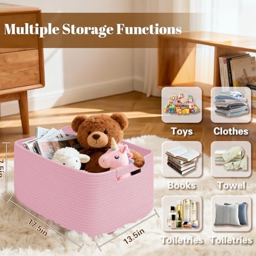 4 Pack Large Storage Basket for Organizing, 17.5"x13"x7" Woven Basket for Shelves, Closet Cube Storage Bins with Wrapped Handle, Cotton Rope Baskets for Kitchen, Clothes, Toys(Light Pink) - Image 3