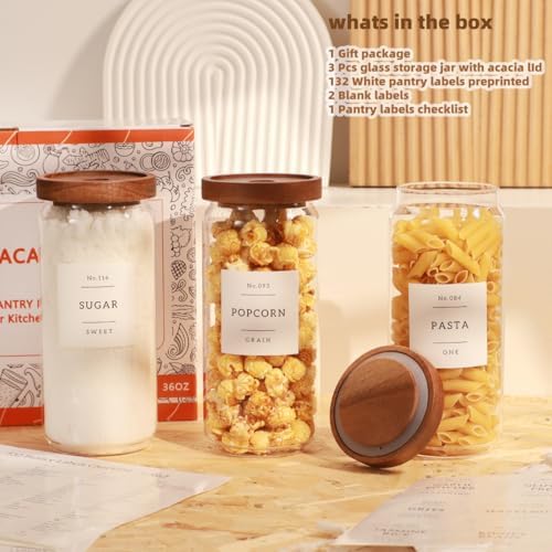 3 Pack Glass Canisters with Airtight Acacia Lids and 132 Kitchen Pantey Labels Preprint - 36 Fl OZ Borosilicate Glass Pantry Storage Jars Containers with Wooden Lids for Tea,Sugar,Cookie,Pasta,Candy - Image 2