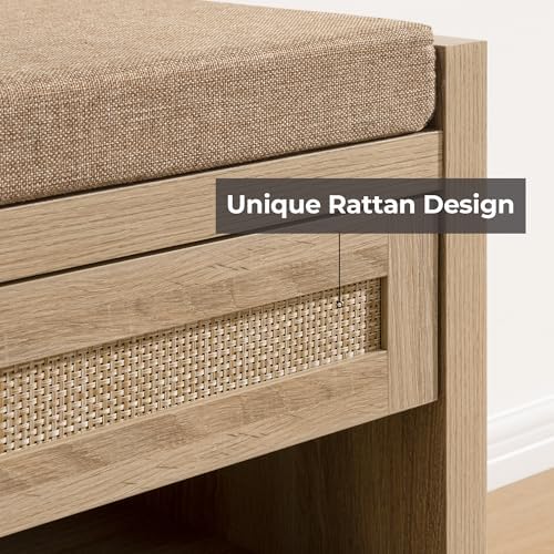 SICOTAS Rattan Shoe Bench Entryway Bench with Storage Drawer, Linen Cushion - Image 6