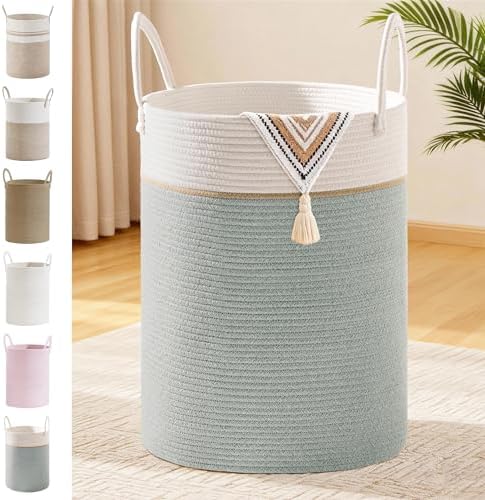 100L Extra Large Tall Cotton Rope Laundry Basket with Handles, Sage Green by SunNewt