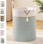 100L Extra Large Tall Cotton Rope Laundry Basket with Handles, Sage Green by SunNewt