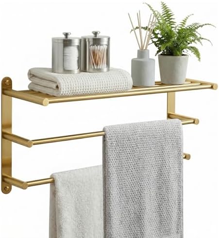 24 Inch Towel Racks for Bathroom: Brushed Gold Towel Rack with Double Towel Bar Wall Mounted - SUS304 Stainless Steel Bath Towel Holder with Shelf for Hotel Lavatory by Unknown