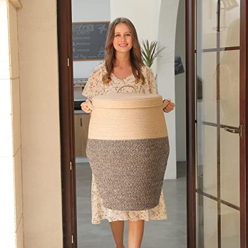 26"x20" Extra Large Tall Woven Laundry Basket with Lid, Cotton Rope Blanket Storage Basket, Freestanding Decorative Bin for Bedroom Living Room, Jute & Black Mix - Image 5
