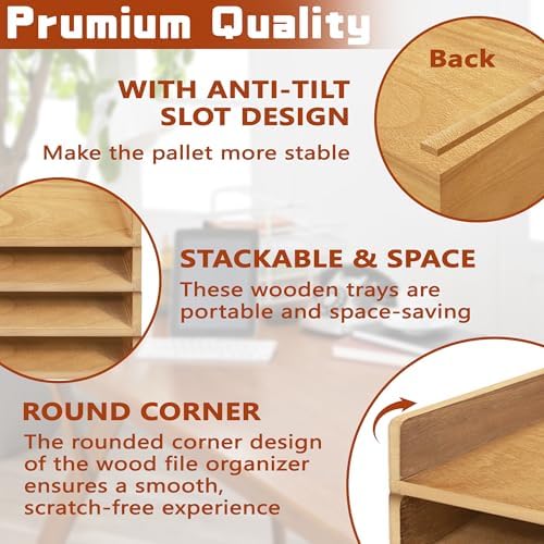 Prolee Stackable Paper Tray,Wooden Paper Organizer for Desk with 4 Letter Trays,Papers Holder and Office Document Organizer Shelf for Mail File Document(Oak,12" x 8" x 1.5") - Image 4