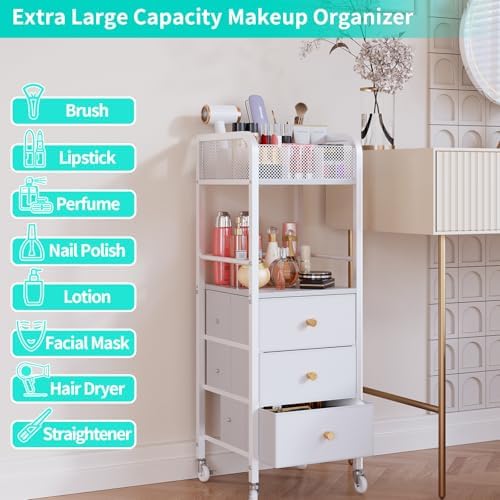 HapiRm Rolling Makeup Cart Organizer - Floor Skincare Make Up Storage with 3 Non-woven Fabric Drawers, Vanity Organizer Cosmetic Display Cases Holder for Skin Care Perfume Nail Polish Brush Hair Tool - Image 5