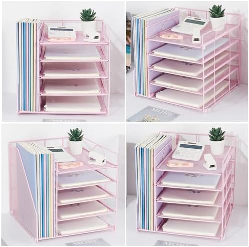 LEKETREE Desk Organizers and Accessories, 5-Tier Paper Letter Tray Organizer with File Holder, Desktop Organizer for Office Supplies (Pink) - Image 4