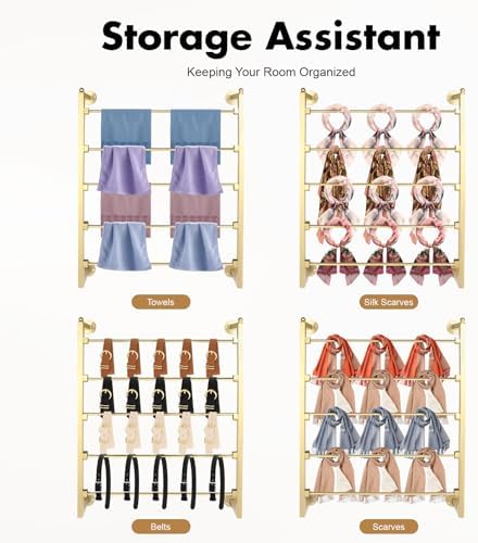 5 Tier Wall Mount Scarf Rack, Towel Scarf Holder Silk Scarves Hijab Hanger Ribbon Organizer Gold Storage Display Rack w/Durable Construction for Home, Retail Store, Craft Room, Florist - Image 4
