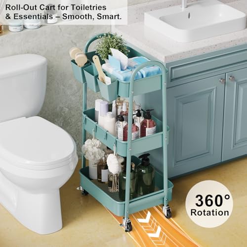 3 Tier Green Metal Rolling Cart with Lockable Wheels, 3 Tiered Roller Shelf - Image 7