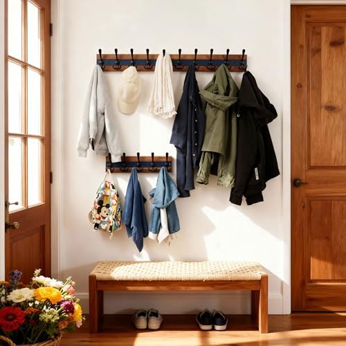 SKOLOO Rustic Wall Mounted Coat Rack - 16-7/8" Long Coat Hooks for Wall with 5 Triple Hooks for Hanging Coats, Hats or Tools, Western National Parks Collection, Wood Brown & Blue - Image 5
