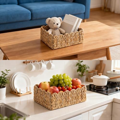Scalloped Basket, Wicker Storage Baskets, Hand Woven Baskets for Shelves,Natural Baskets for Organizing (Water Hyacinth&M-14" L x 10.5" W x 6" H) - Image 4