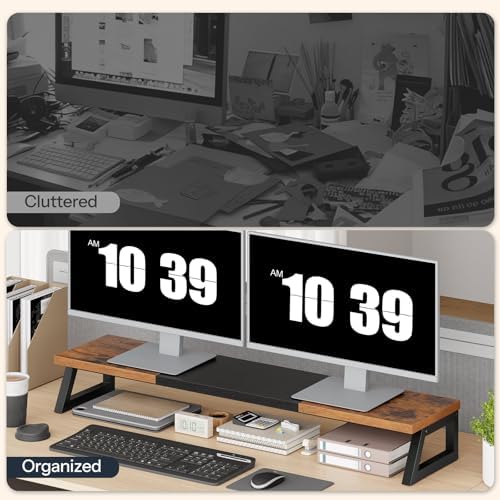 HOOBRO Dual Monitor Stand Riser, 39 Inch Large Computer Monitor Stand for 2 Monitors, Computer Monitor Riser, Desk Shelf Organizer for Office Desk, Accessories, Rustic Brown and Black BF121CJ01 - Image 7