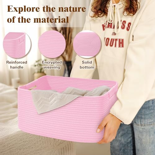 3 Pack Large Storage Basket for Organizing, 17.5"x13"x7" Woven Basket for Shelves, Closet Cube Storage Bins with Wrapped Handle, Cotton Rope Baskets for Kitchen, Clothes, Toys(Light Pink) - Image 4