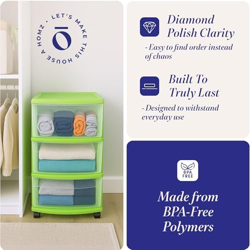 HOMZ Drawer Tower, 3-Tier Storage Cart with Removable Wheels, Lime, 2 Pack - Image 4