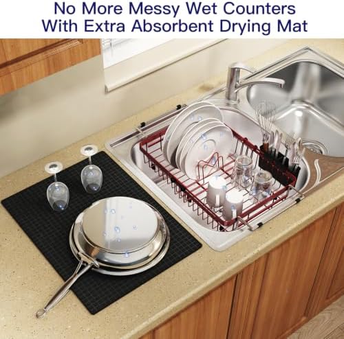 MAJALiS Red Expandable Dish Drying Rack Over Sink with Extra Drying Mat - Image 5