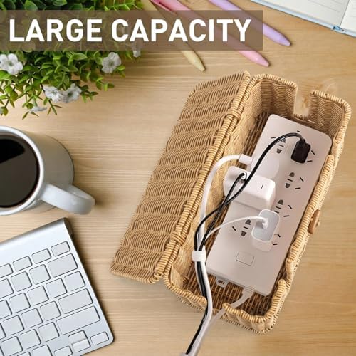 2 Pcs Rattan Cable Management Box, Large Cord Organizer Box with Lid Under Desk Router Hider with 4 Exits, Wire Boxes Hider for TV Wires Computer Surge Protector USB Hub Power Strip(Natural) - Image 5