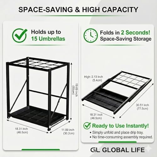 Folding Umbrella Storage Stand Rack Holder Organizer Free Standing Industrial Umbrella Rack for Entryway Home Commercial Office Hotel Entry Hallway Patio Décor with Removable Drip Tray - Image 3