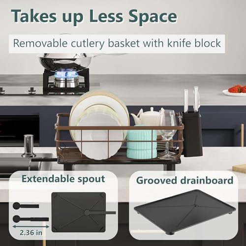 AIDERLY Metal Dish Drying Rack Automatic Drainage, Brown, Large - Image 3
