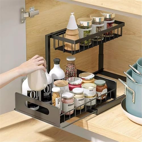 2 Tier Under Sink Organizer, Pull Out Sliding Drawer (White) - Image 7