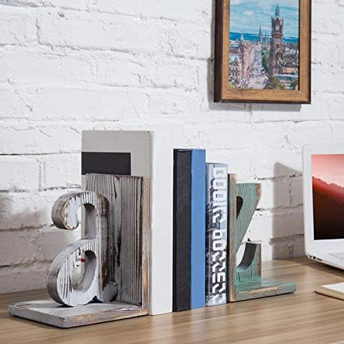 MyGift Wood Bookends, Book Ends for Shelves with Decorative White and Blue Alphabet A and Z Design, Book Stopper for Heavy Books, Home Office Desktop Decor, Vintage - Image 3